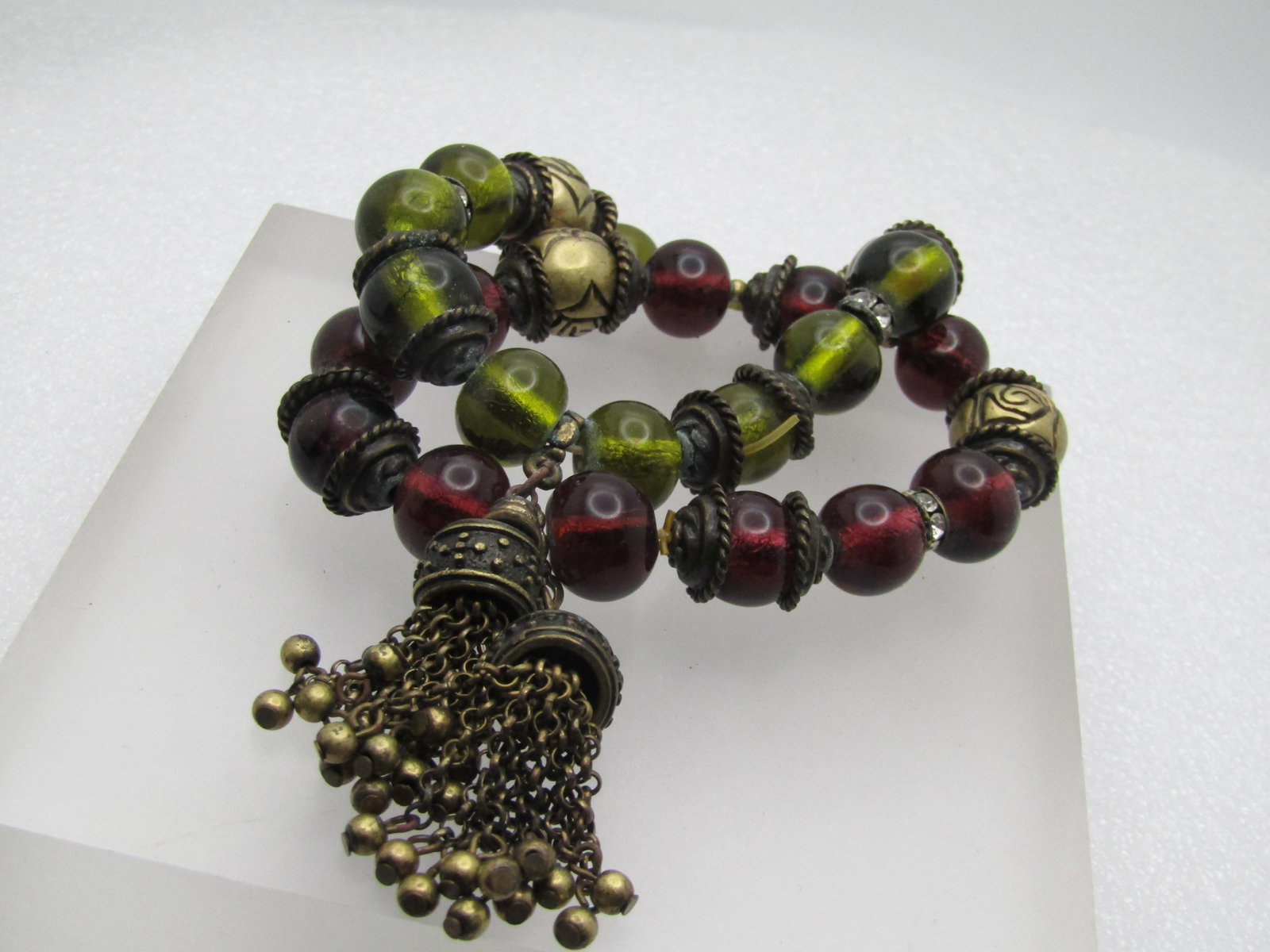 Pair of Rose & Glass Beaded Tassel Bracelets, Stretch, Purple/Green, 6.75" - 3