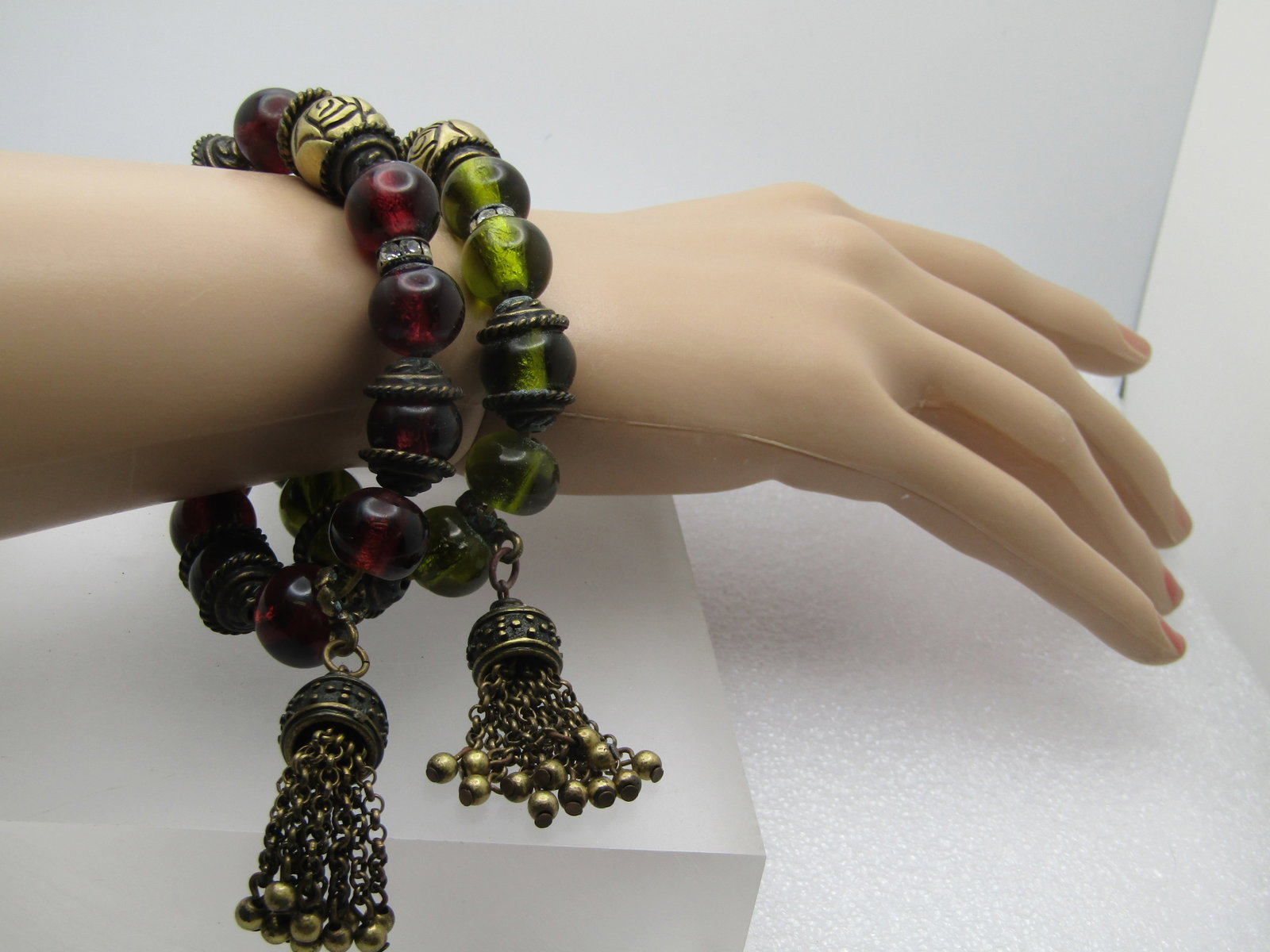 Pair of Rose & Glass Beaded Tassel Bracelets, Stretch, Purple/Green, 6.75" - 4