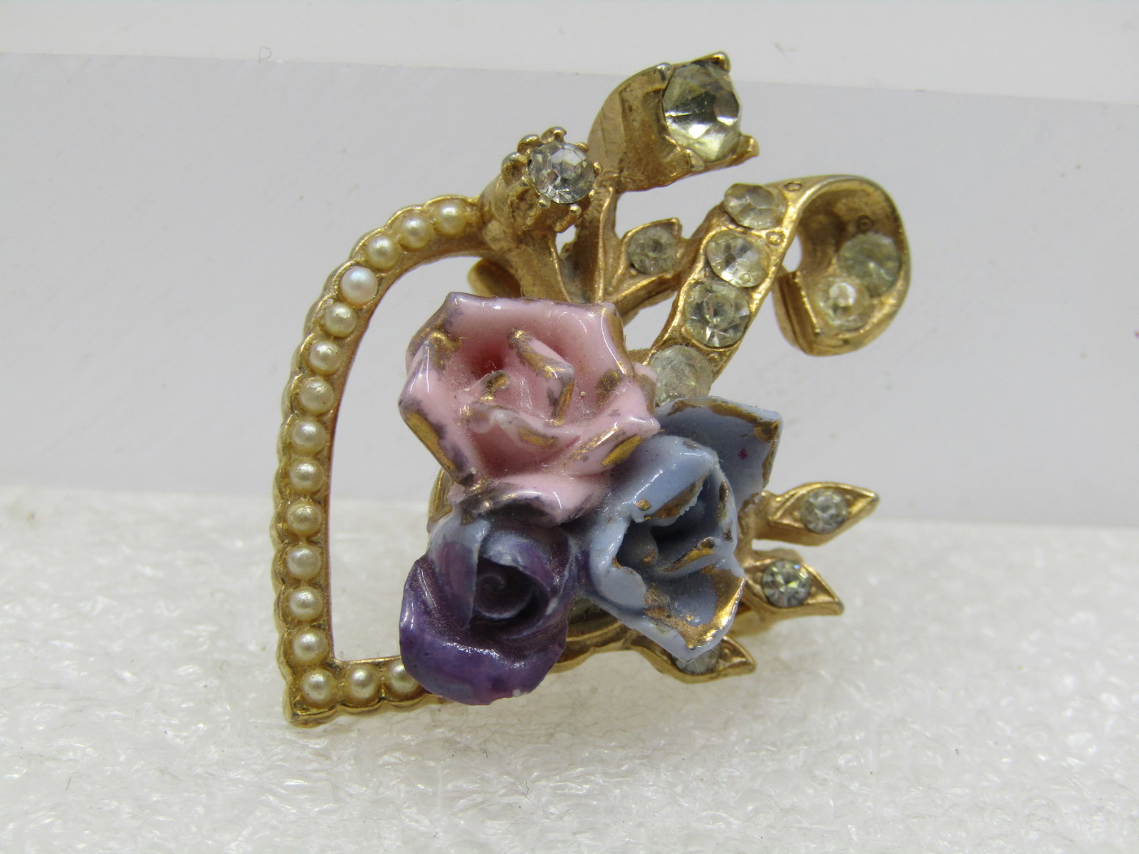 Vintage Heart Brooch, Enameled Flowers, Rhinestones & More, 1950's-1960's - 2