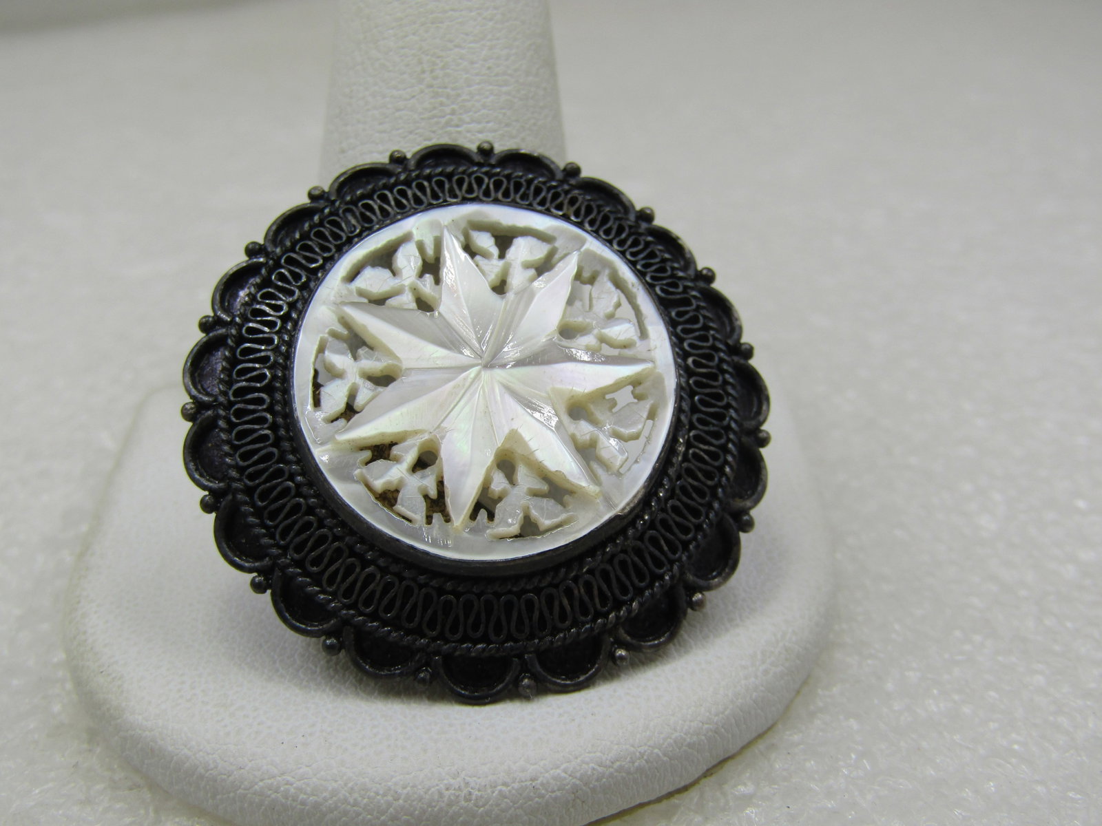 Vintage .950 Silver Carved Mother-of-Pearl Star Brooch/Pendant, 1940's-1950's - 2