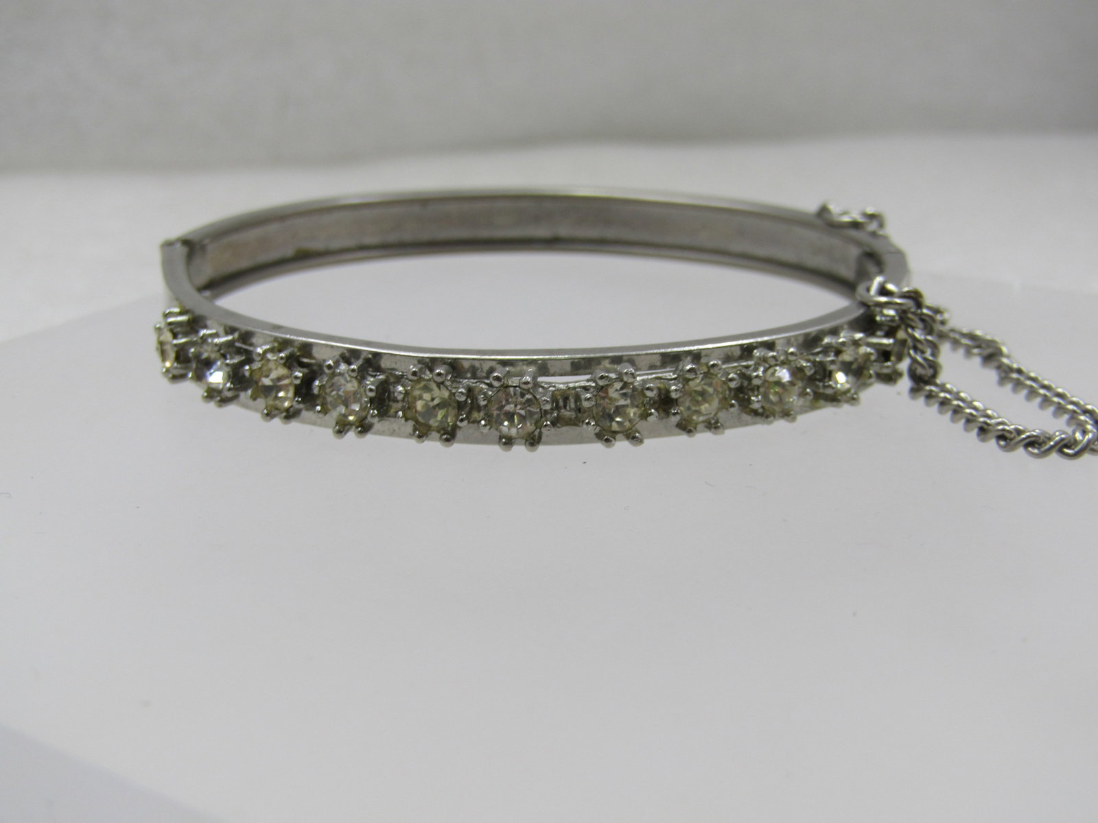 Vintage Rhinestone Hinged Bangle Bracelet, 6.75", Safety Chain - 2