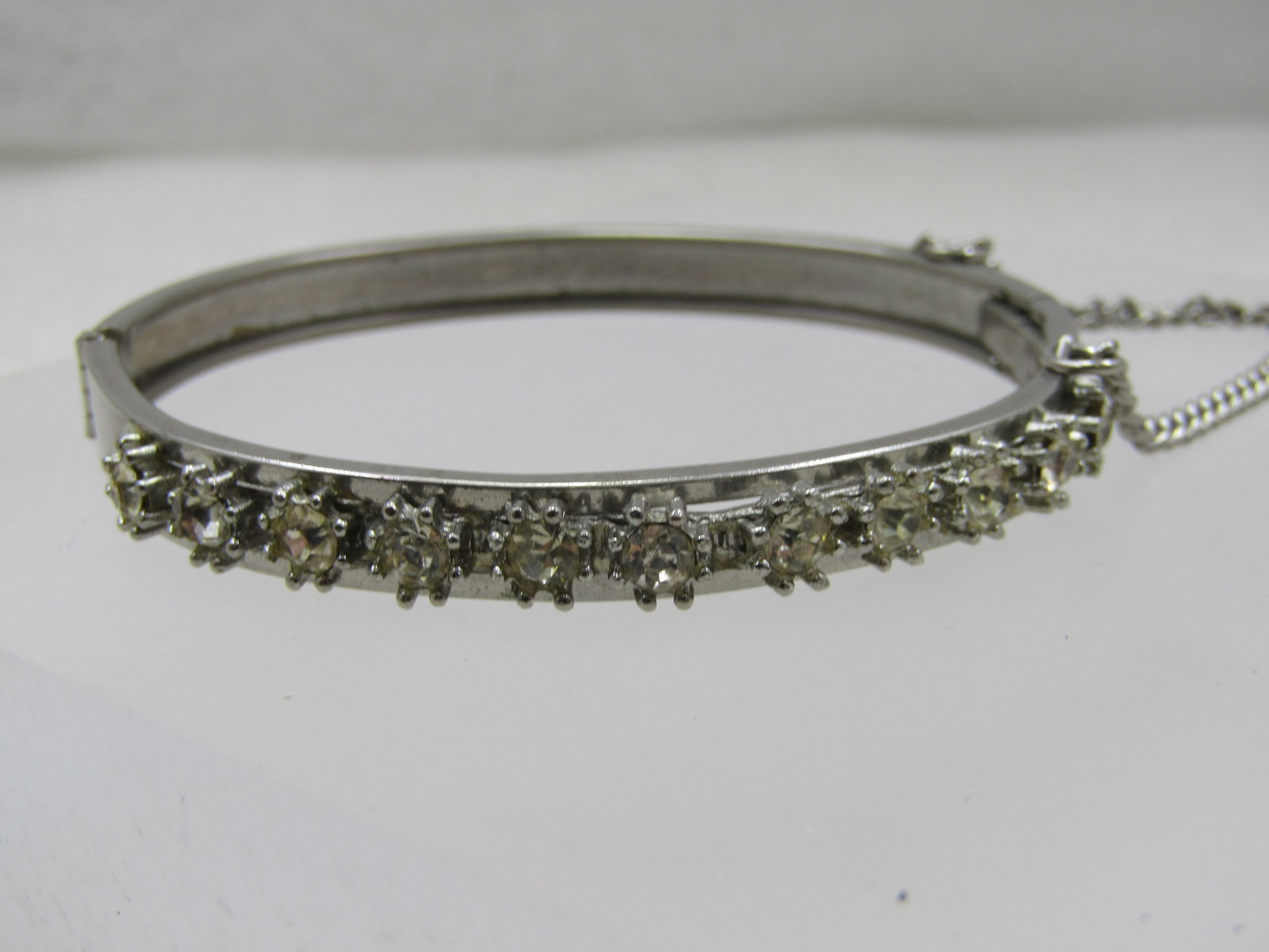 Vintage Rhinestone Hinged Bangle Bracelet, 6.75", Safety Chain - 3