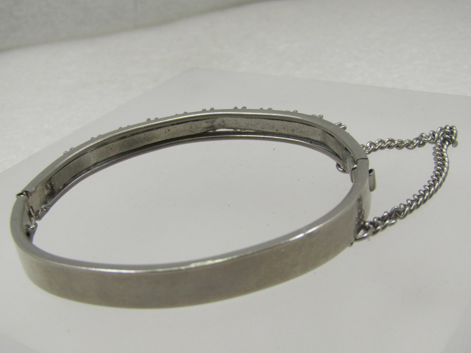 Vintage Rhinestone Hinged Bangle Bracelet, 6.75", Safety Chain - 4