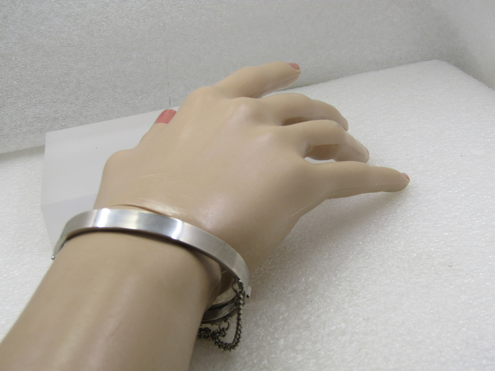 Vintage Rhinestone Hinged Bangle Bracelet, 6.75", Safety Chain - 7