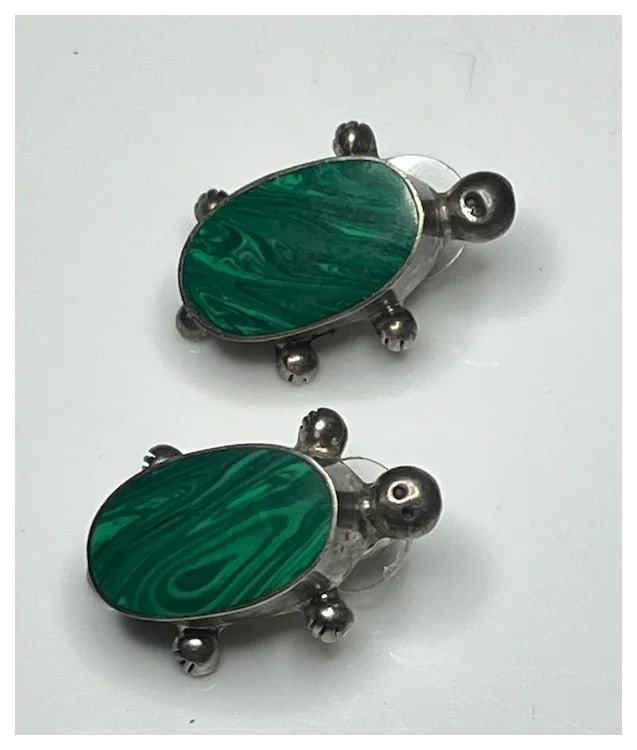 Vintage Sterling Silver Malachite Turtle Earrings - 2