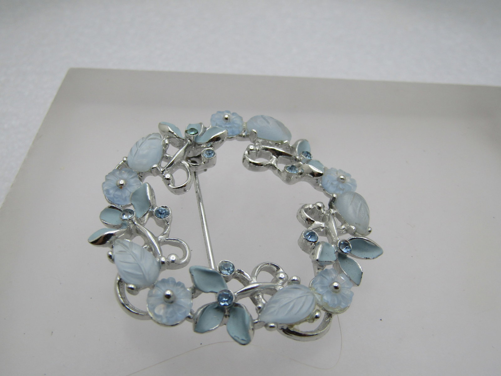Vintage Rhinestone Enameled Blue Floral Brooch, 1.75" - 2