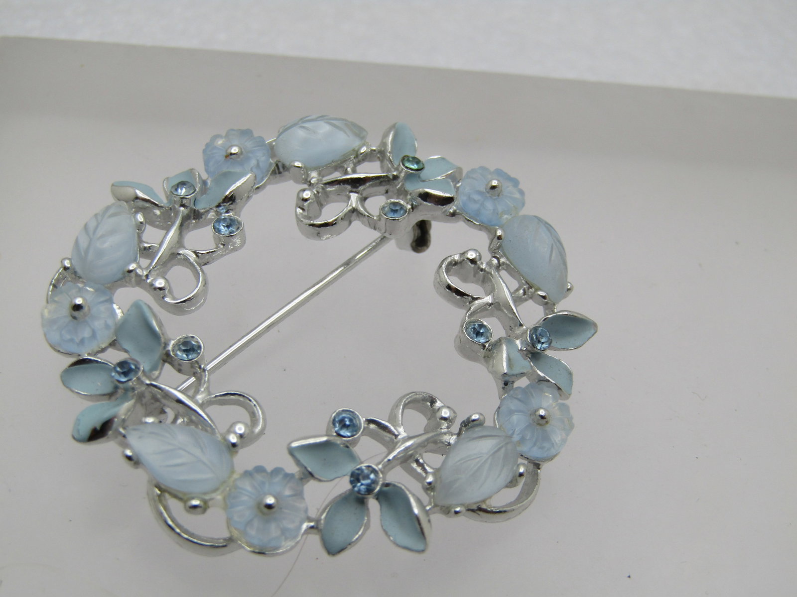 Vintage Rhinestone Enameled Blue Floral Brooch, 1.75" - 3