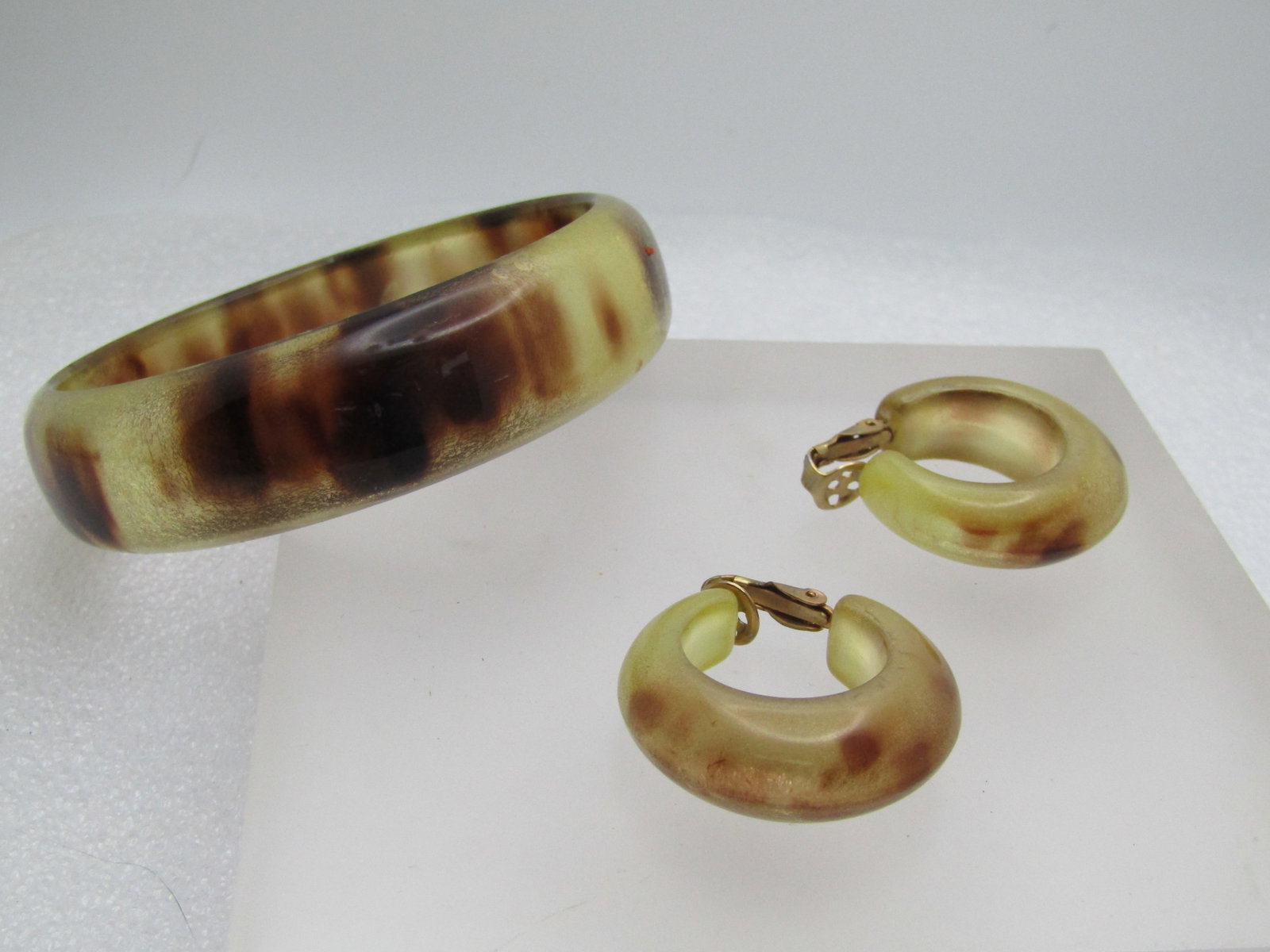Vintage Yellow & Brown Bangle Bracelet & Clip Earrings, 1960's-1980's (1 of 5)
