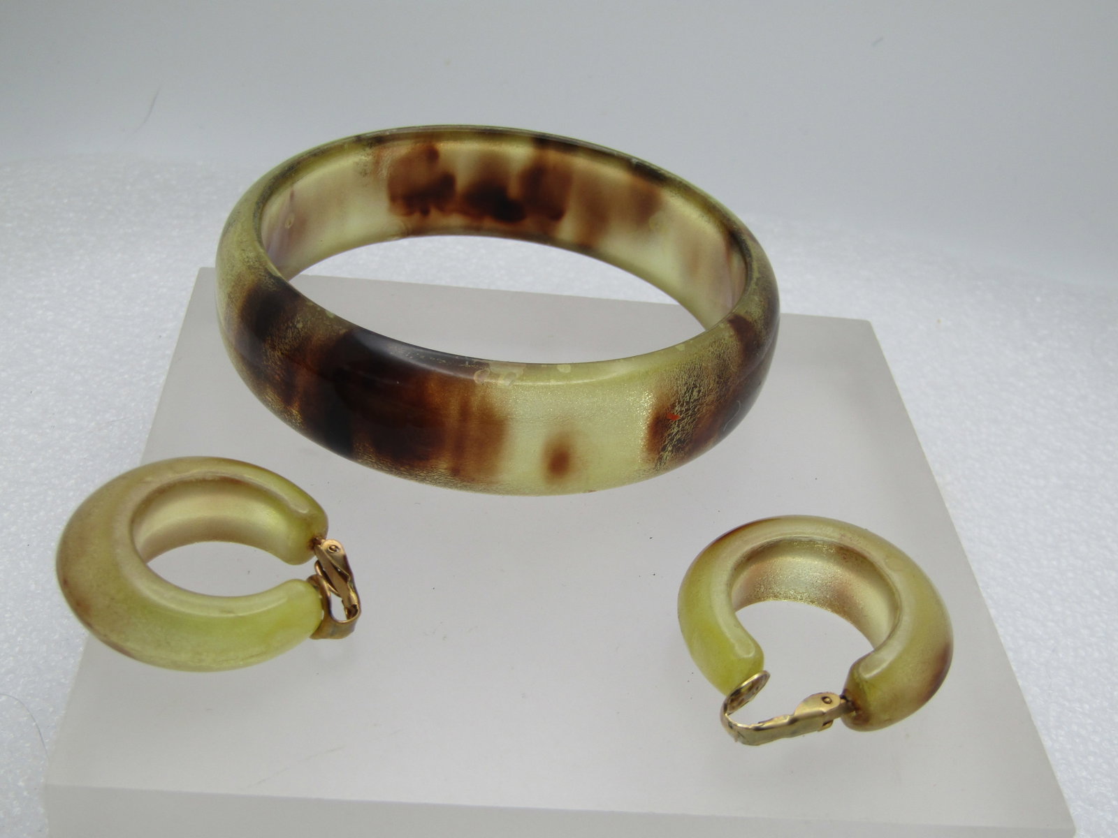 Vintage Yellow & Brown Bangle Bracelet & Clip Earrings, 1960's-1980's - 3