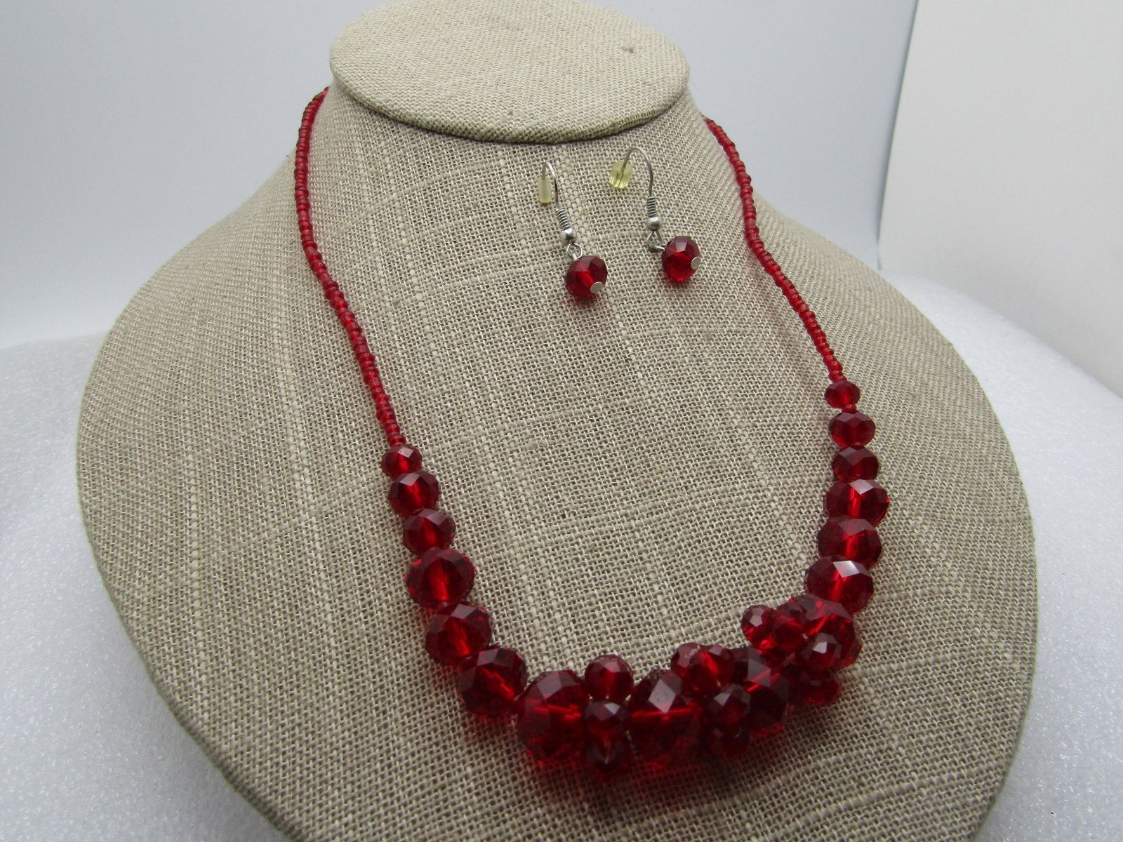 Vintage Red Crystal Faceted BeadedNecklace & Pierced Earrings, 18", 1980's-1990's - 2