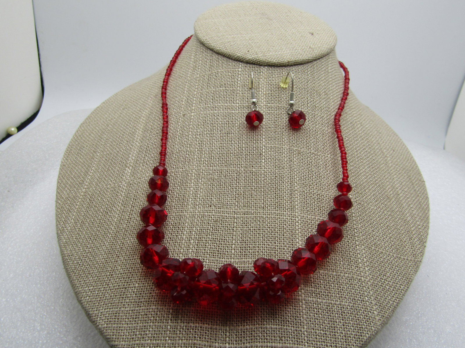 Vintage Red Crystal Faceted BeadedNecklace & Pierced Earrings, 18", 1980's-1990's - 3