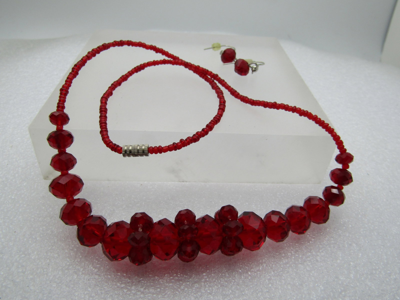 Vintage Red Crystal Faceted BeadedNecklace & Pierced Earrings, 18", 1980's-1990's - 4