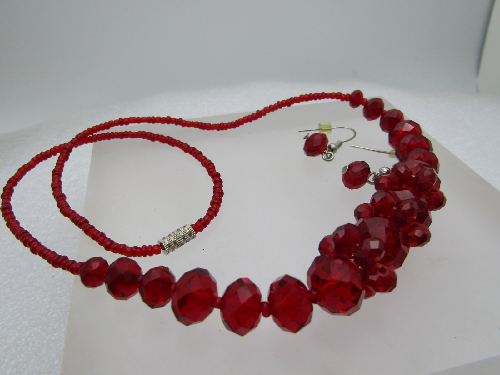 Vintage Red Crystal Faceted BeadedNecklace & Pierced Earrings, 18", 1980's-1990's - 5