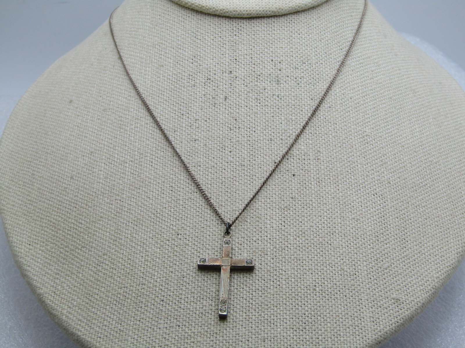 Vintage Sterling Engraved Cross Necklace with Rhinestones, 18", 1940's-1950's: Title: Vintage Sterling Engraved Cross Necklace with Rhinestones, 18", 1940's-1950's Description: Vintage Sterling Engraved Cross Necklace with Rhinestones, 18", 1940's-1950's. The cross is appx. 1.25