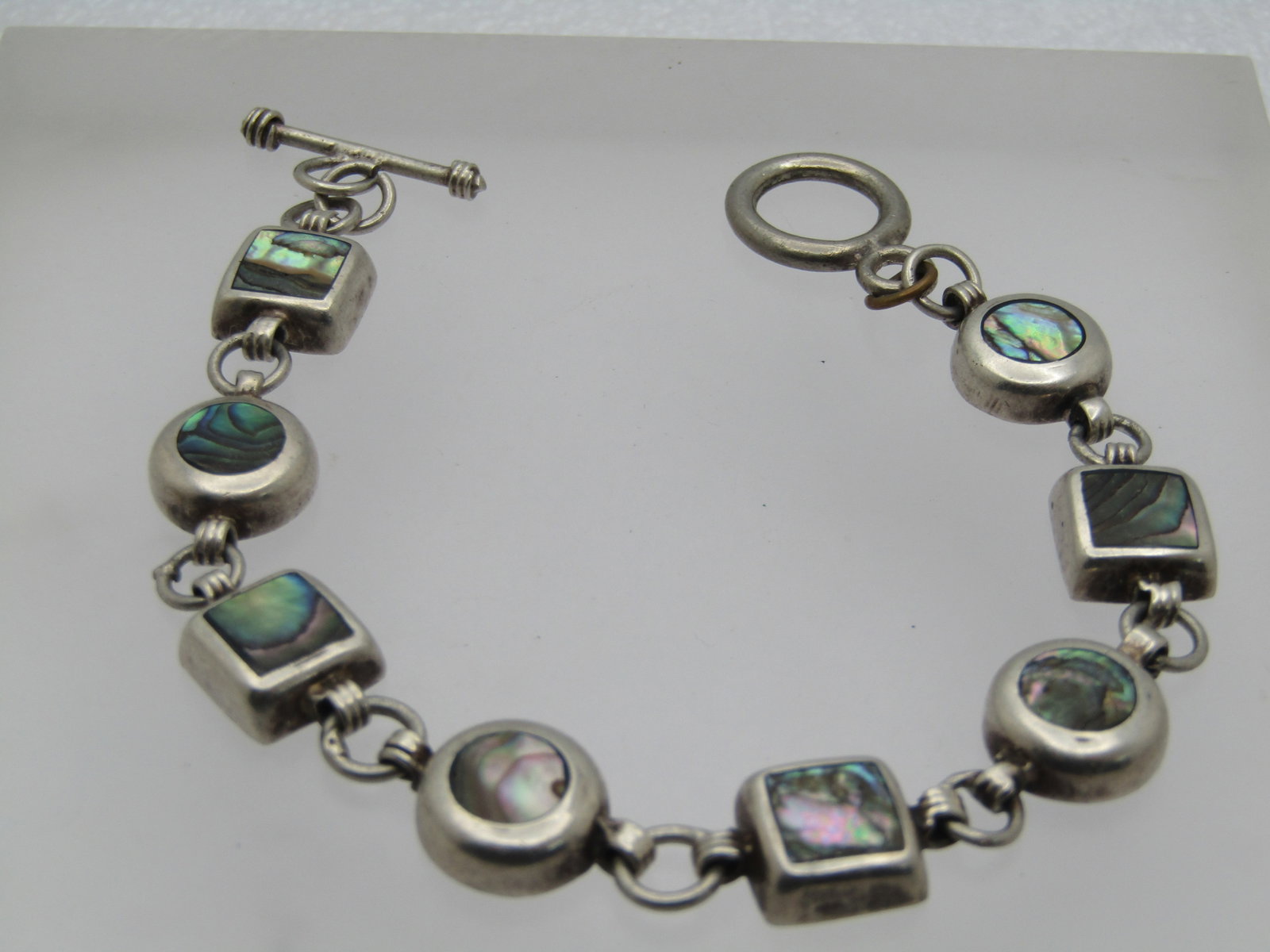 Vintage Sterling Abalone Mexican Bracelet, 7.25, Toggle Clasp, 1980's-1990's. This has eight links - 2