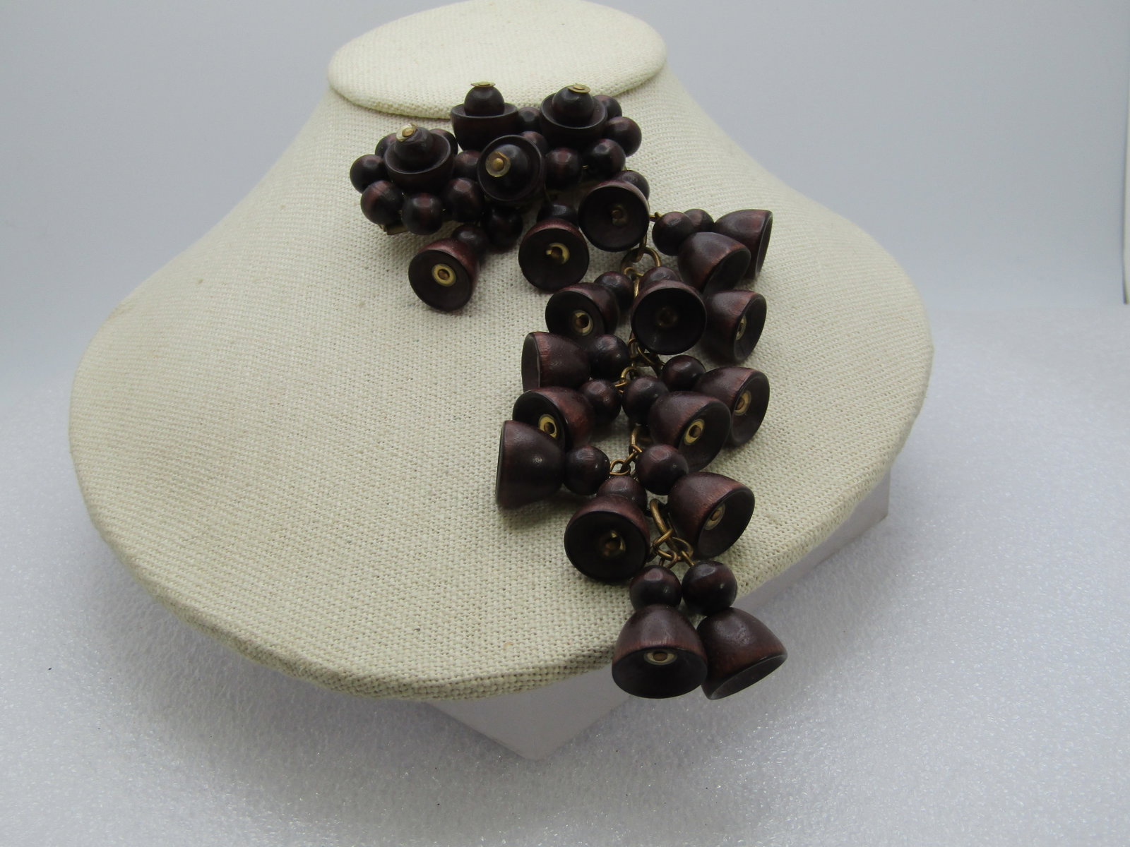 Early 1900's Brown Wooden Brooch with Long Bell-Like Drop - 2