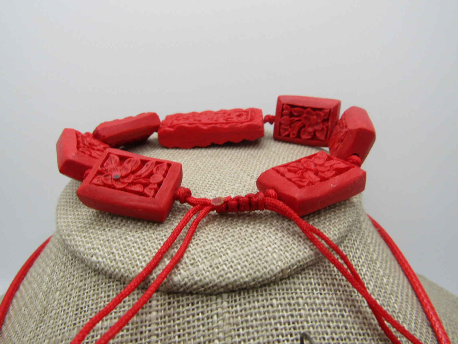 Faux Cinnabar Necklace, Bracelet, Earrings Set, 1990's, Pierced, Oriental Themed - 2