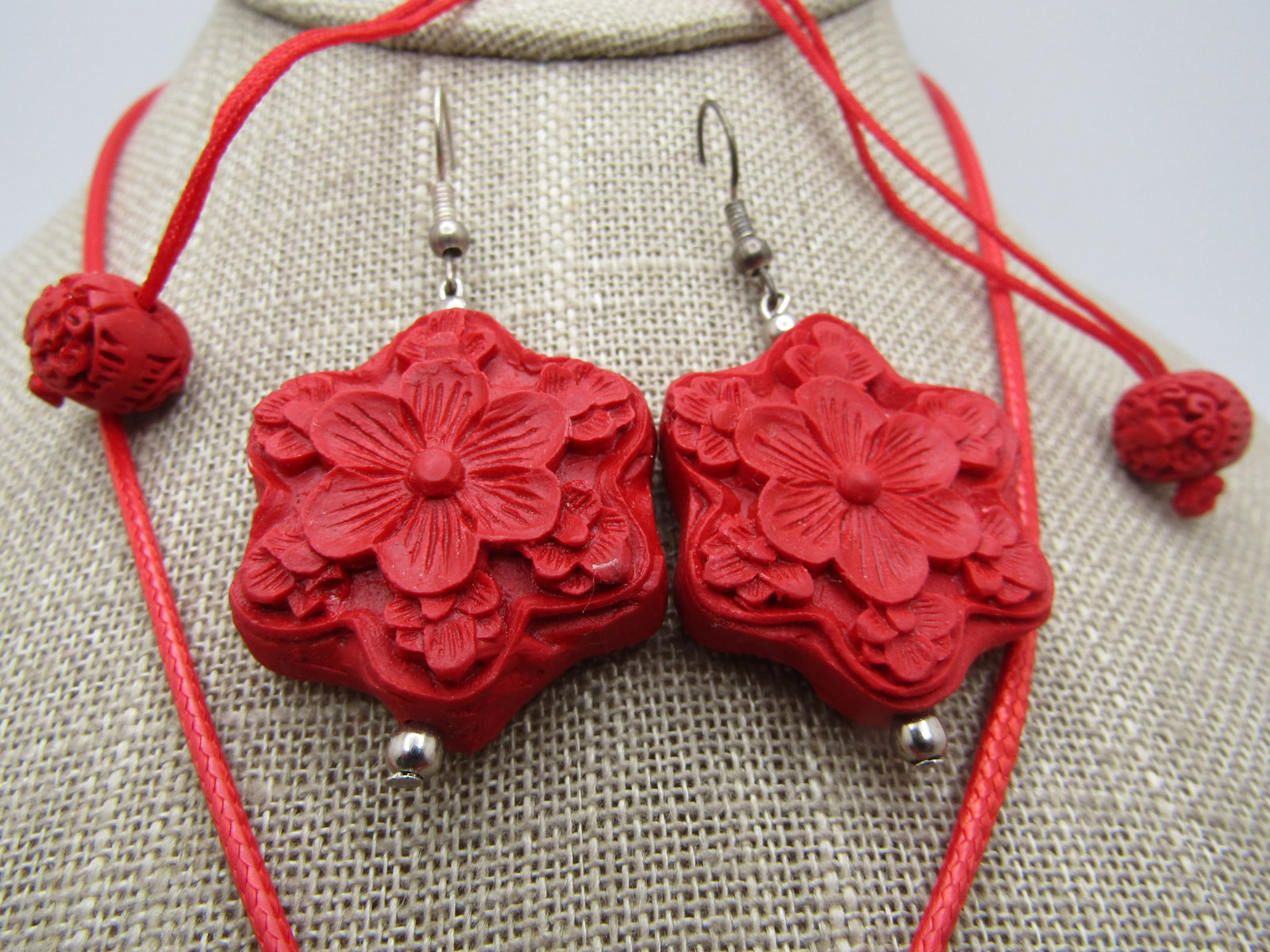 Faux Cinnabar Necklace, Bracelet, Earrings Set, 1990's, Pierced, Oriental Themed - 3