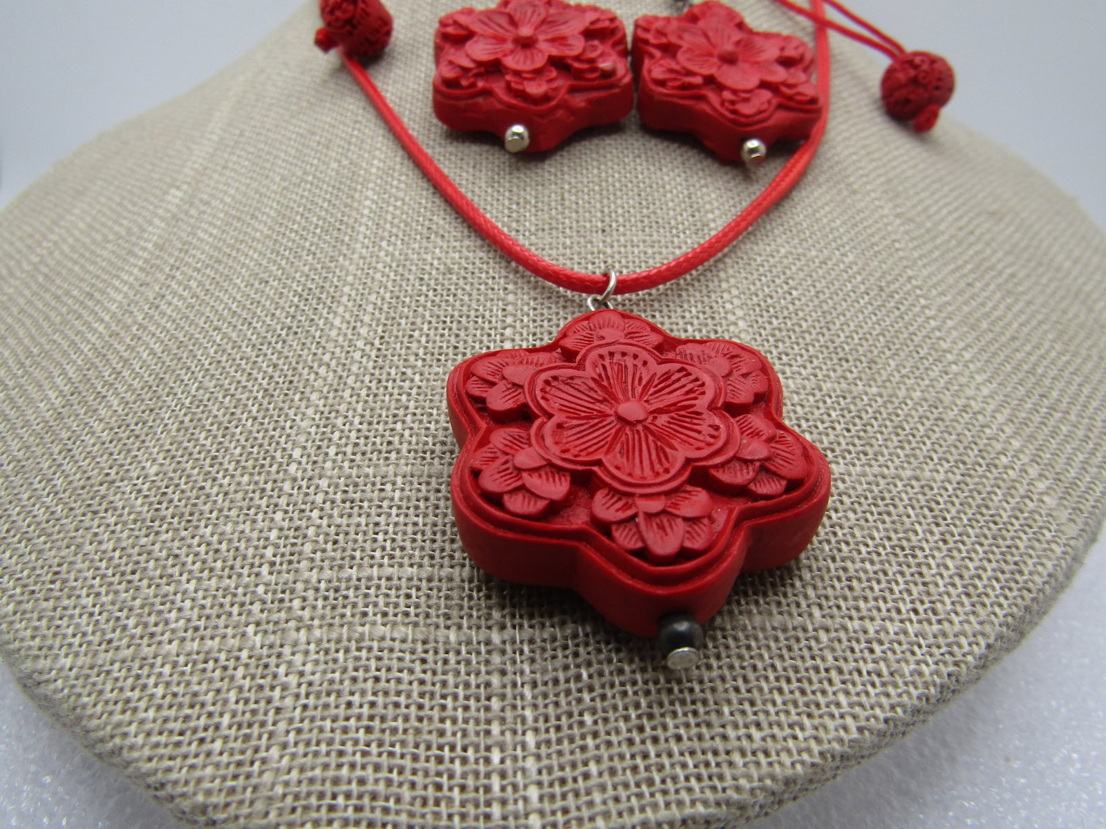 Faux Cinnabar Necklace, Bracelet, Earrings Set, 1990's, Pierced, Oriental Themed - 4