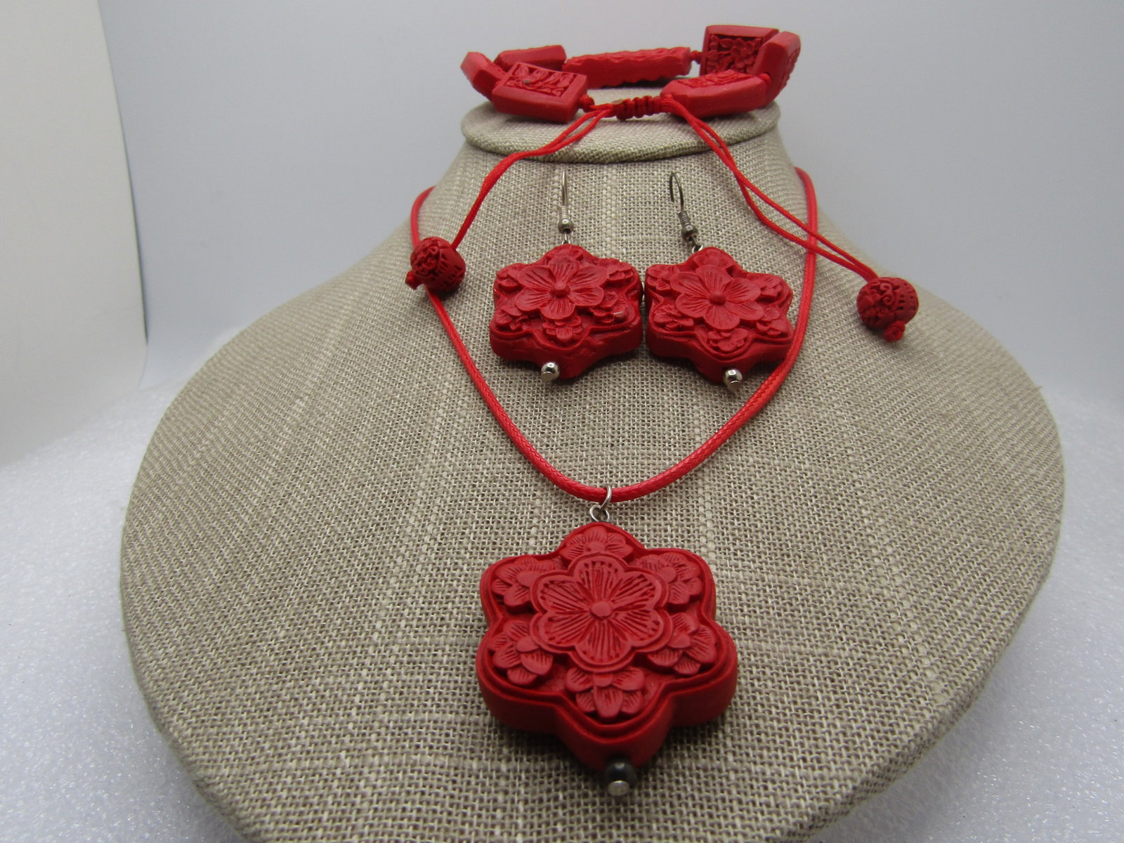Faux Cinnabar Necklace, Bracelet, Earrings Set, 1990's, Pierced, Oriental Themed - 5