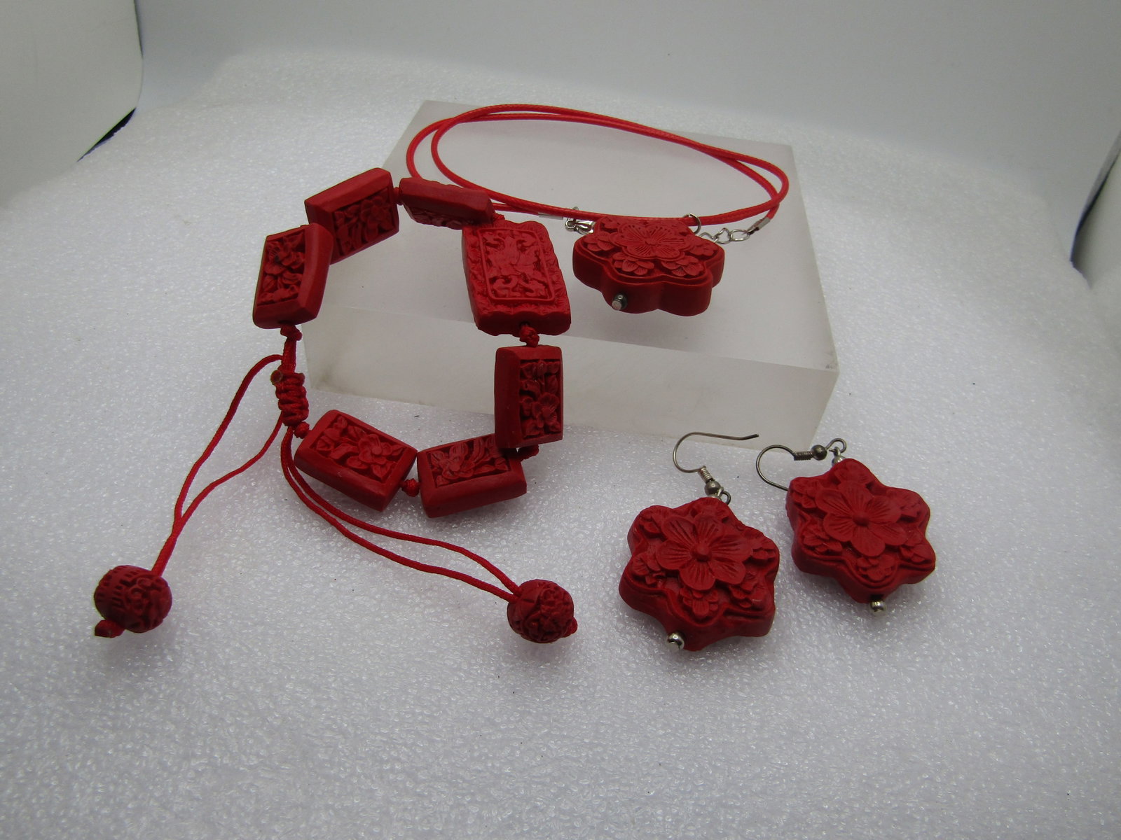 Faux Cinnabar Necklace, Bracelet, Earrings Set, 1990's, Pierced, Oriental Themed - 6