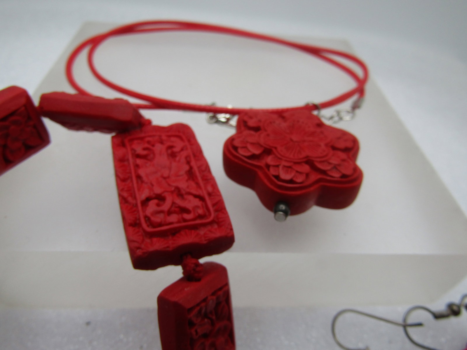 Faux Cinnabar Necklace, Bracelet, Earrings Set, 1990's, Pierced, Oriental Themed - 7
