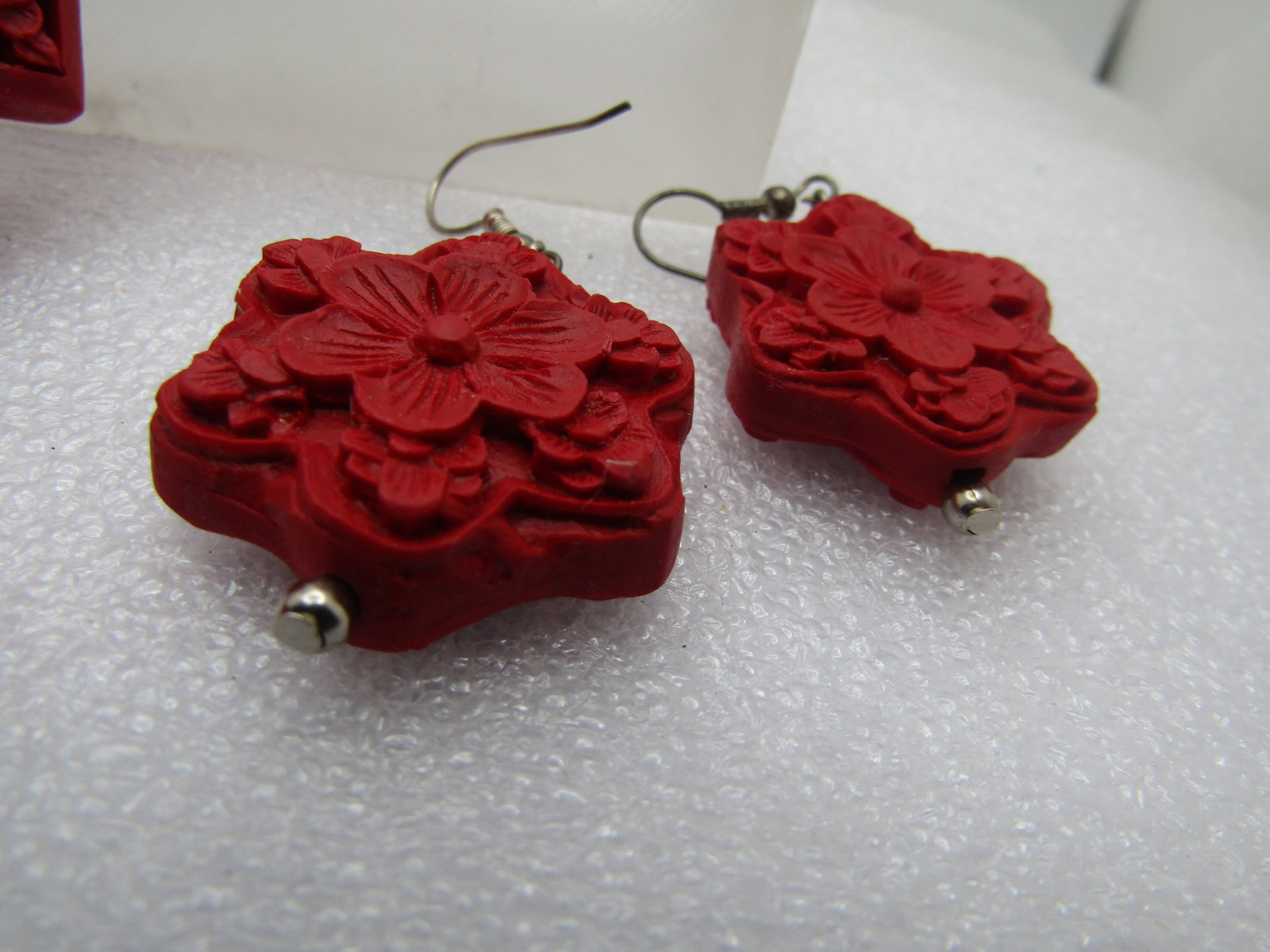 Faux Cinnabar Necklace, Bracelet, Earrings Set, 1990's, Pierced, Oriental Themed - 8