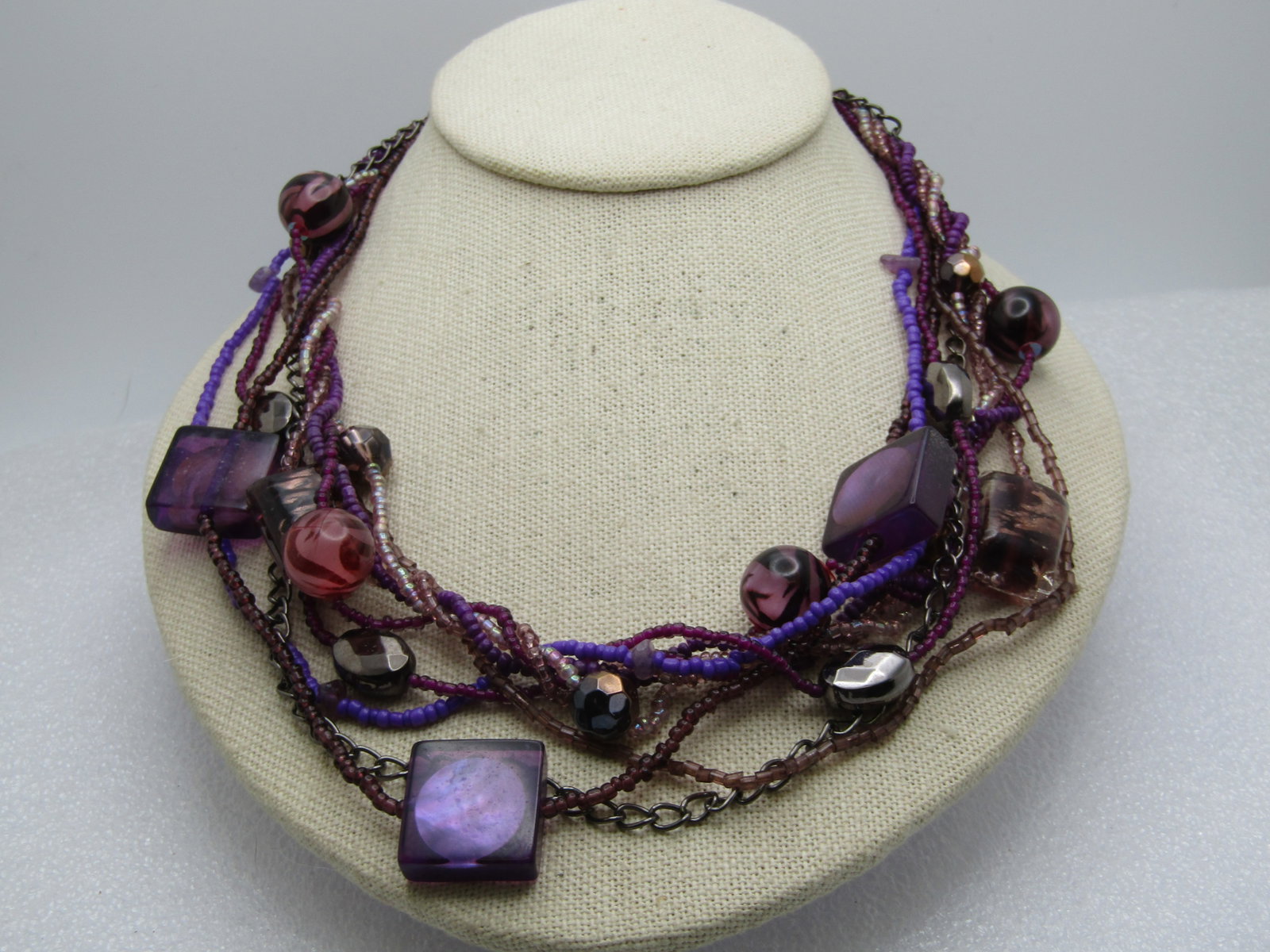 Vintage 9 Strand Purple Beaded Necklace, Glass 18"-21" - 3
