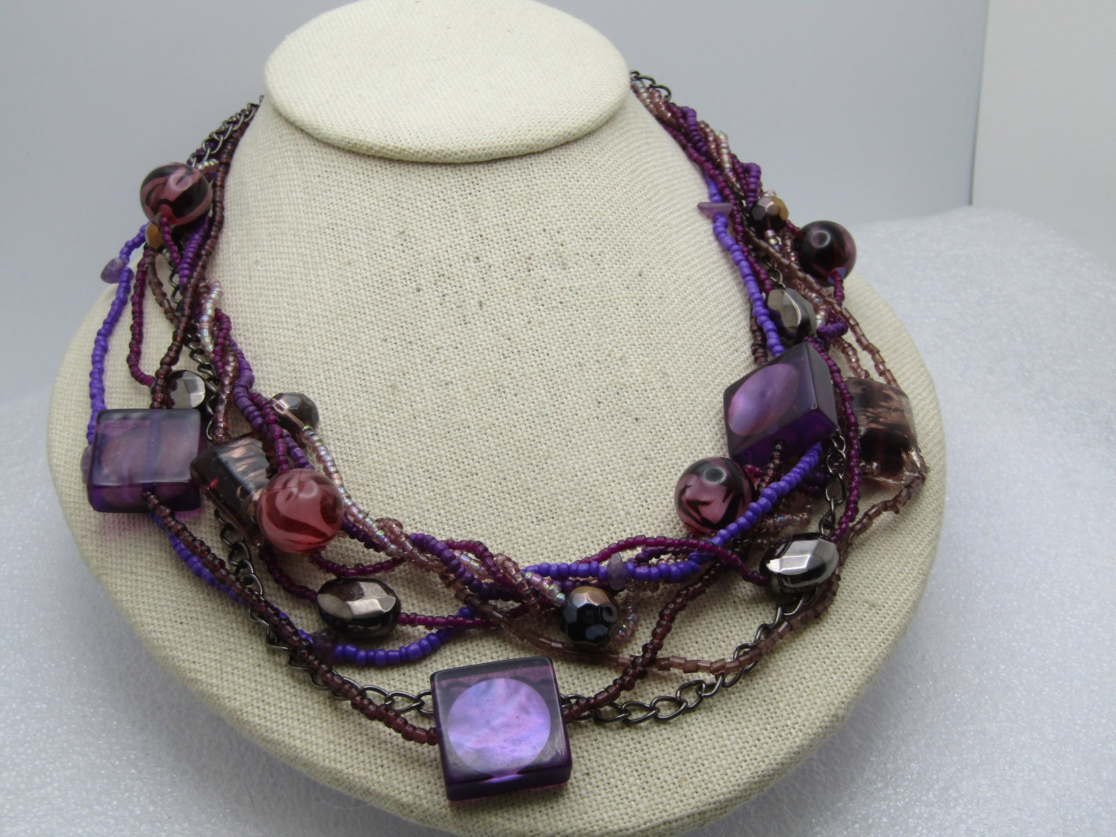 Vintage 9 Strand Purple Beaded Necklace, Glass 18"-21" - 4