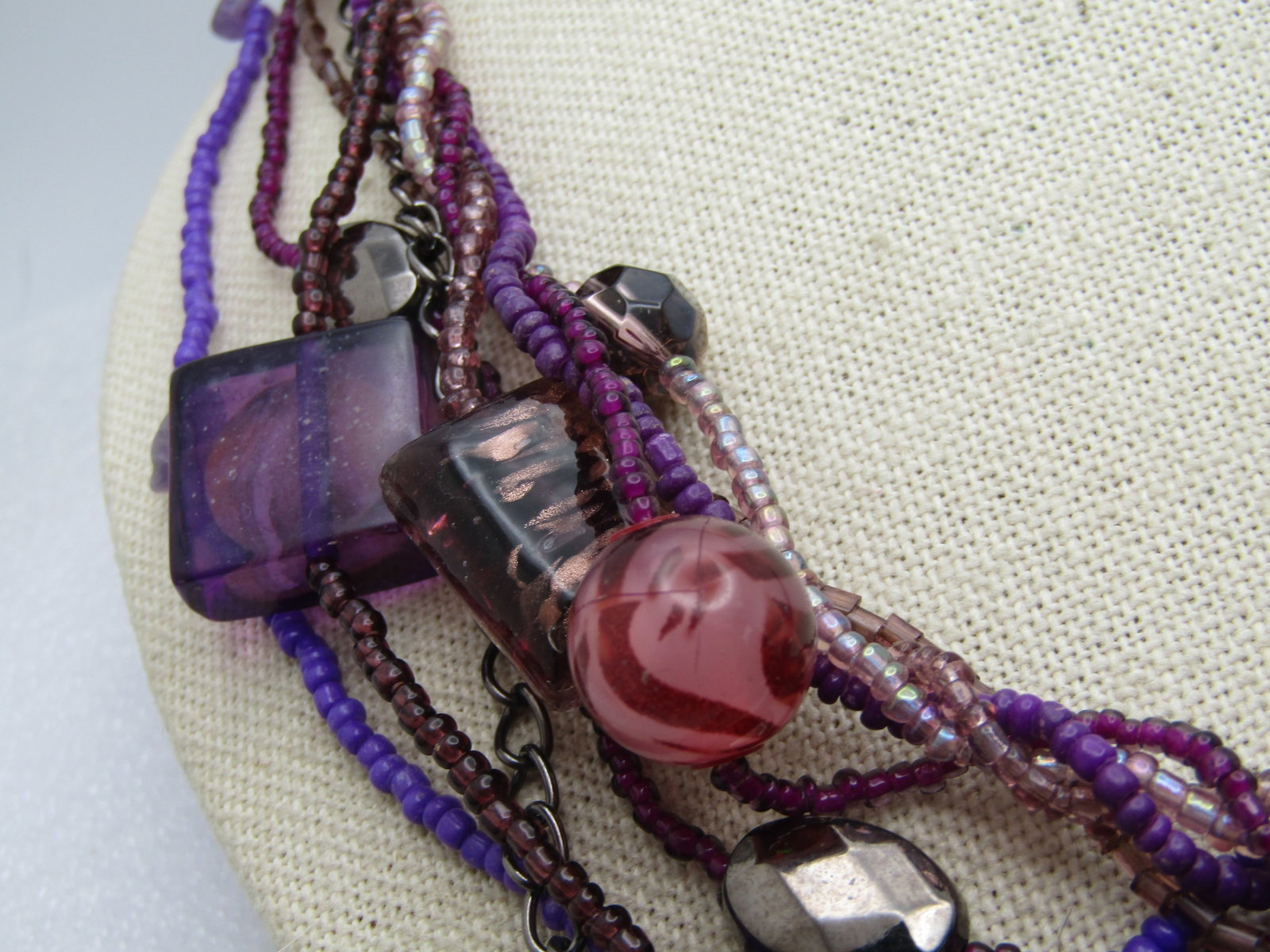 Vintage 9 Strand Purple Beaded Necklace, Glass 18"-21" - 5