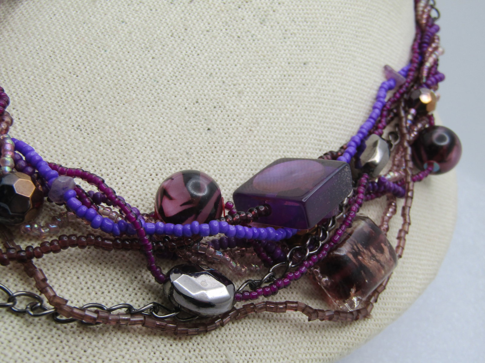 Vintage 9 Strand Purple Beaded Necklace, Glass 18"-21" - 6