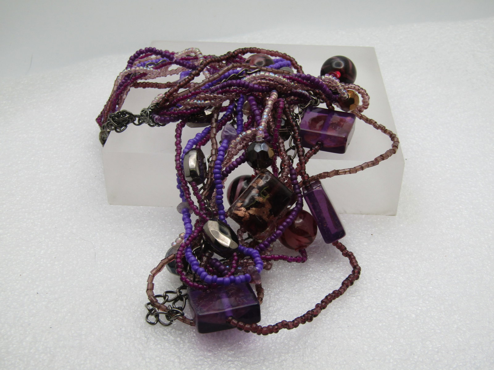 Vintage 9 Strand Purple Beaded Necklace, Glass 18"-21" - 7