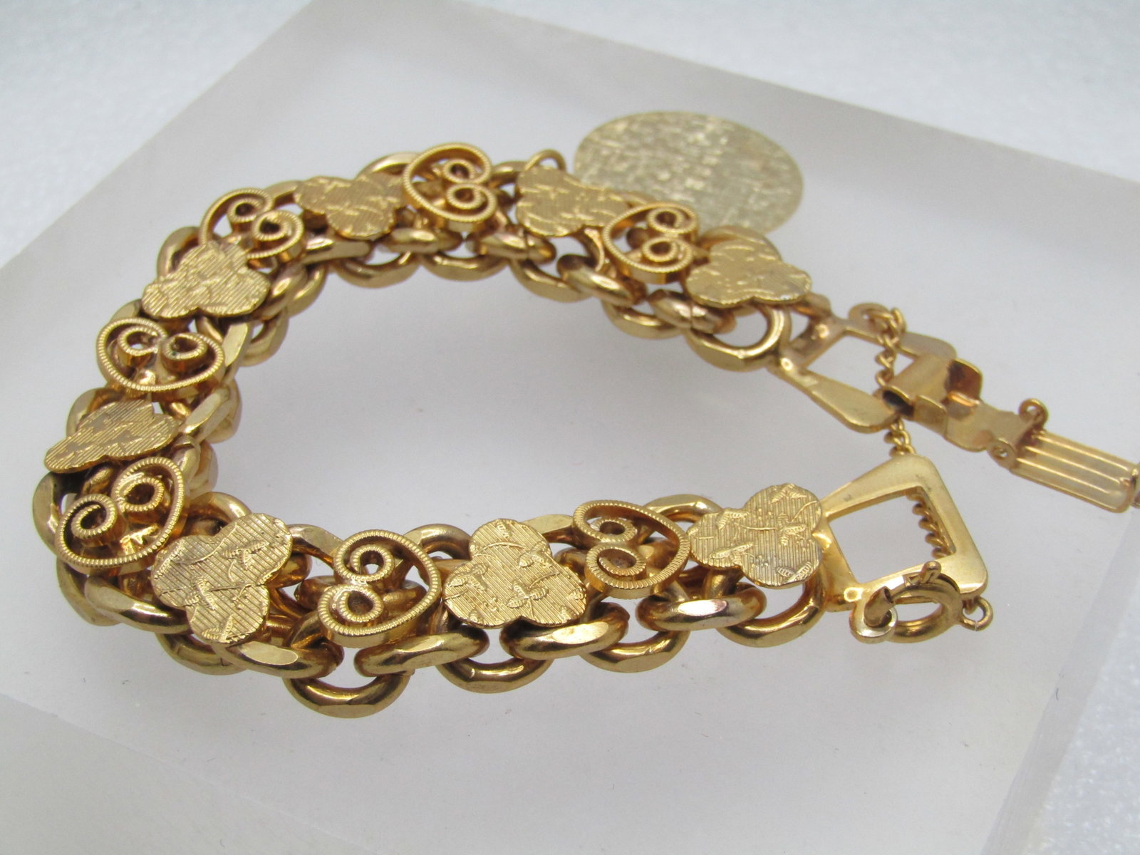 Vintage Gold Tone Chunky Bracelet W/Charm, 7.5", 1960's-1970's - 2