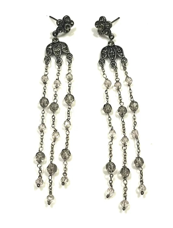 Estate Sterling Silver Marcasite Chandelier Earrings - 2