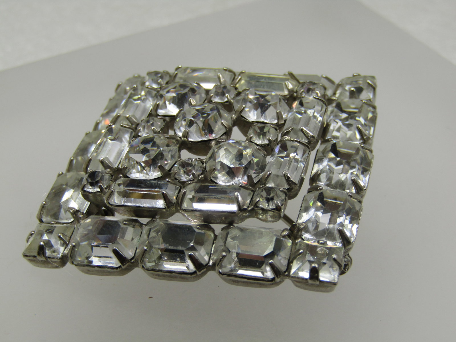Vintage Weiss Tiered Clear Rhinestone Brooch, Square, 1.75", Mid-Century - 4