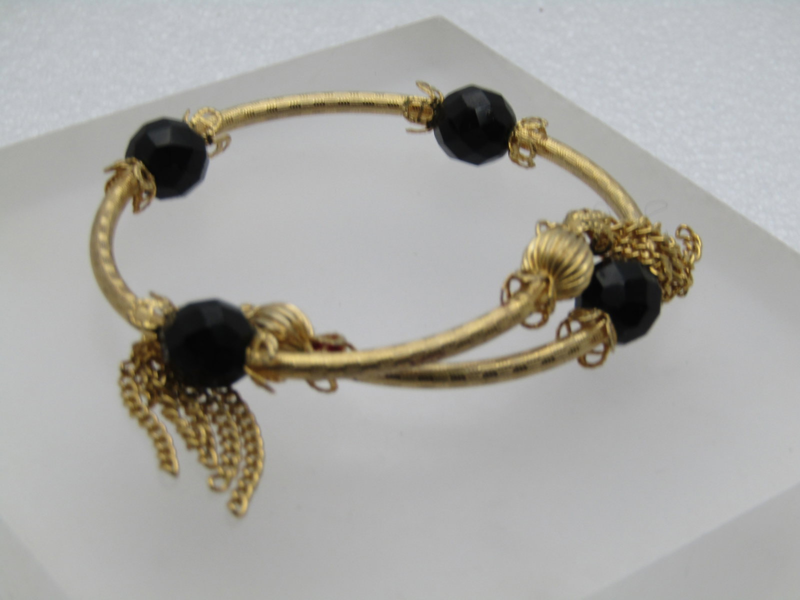 Vintage Coiled Bracelet, Black Bead and Tassels, 6" -7.5", 1960's-1970's - 2