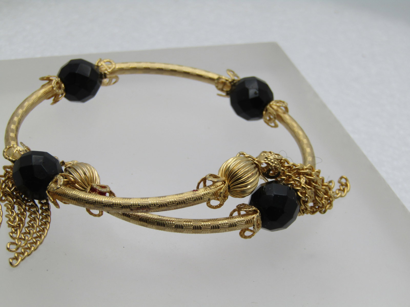 Vintage Coiled Bracelet, Black Bead and Tassels, 6" -7.5", 1960's-1970's - 3