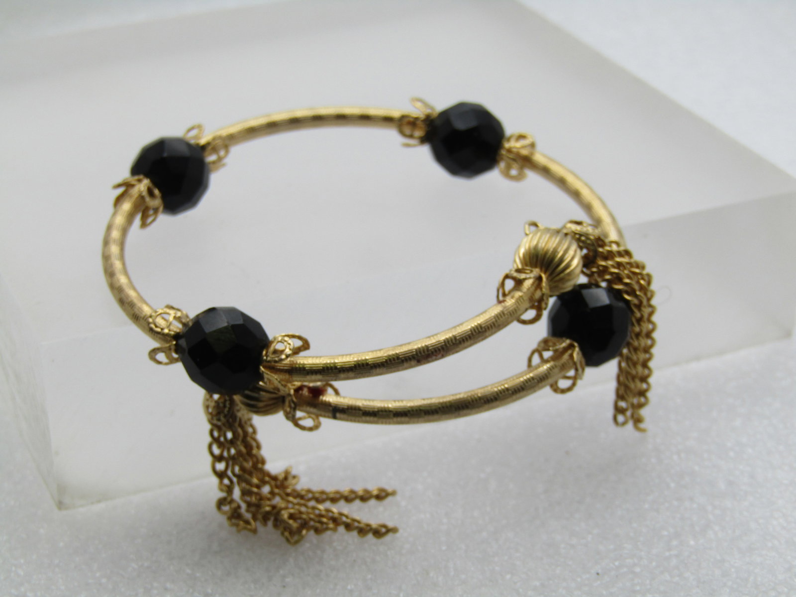Vintage Coiled Bracelet, Black Bead and Tassels, 6" -7.5", 1960's-1970's - 4