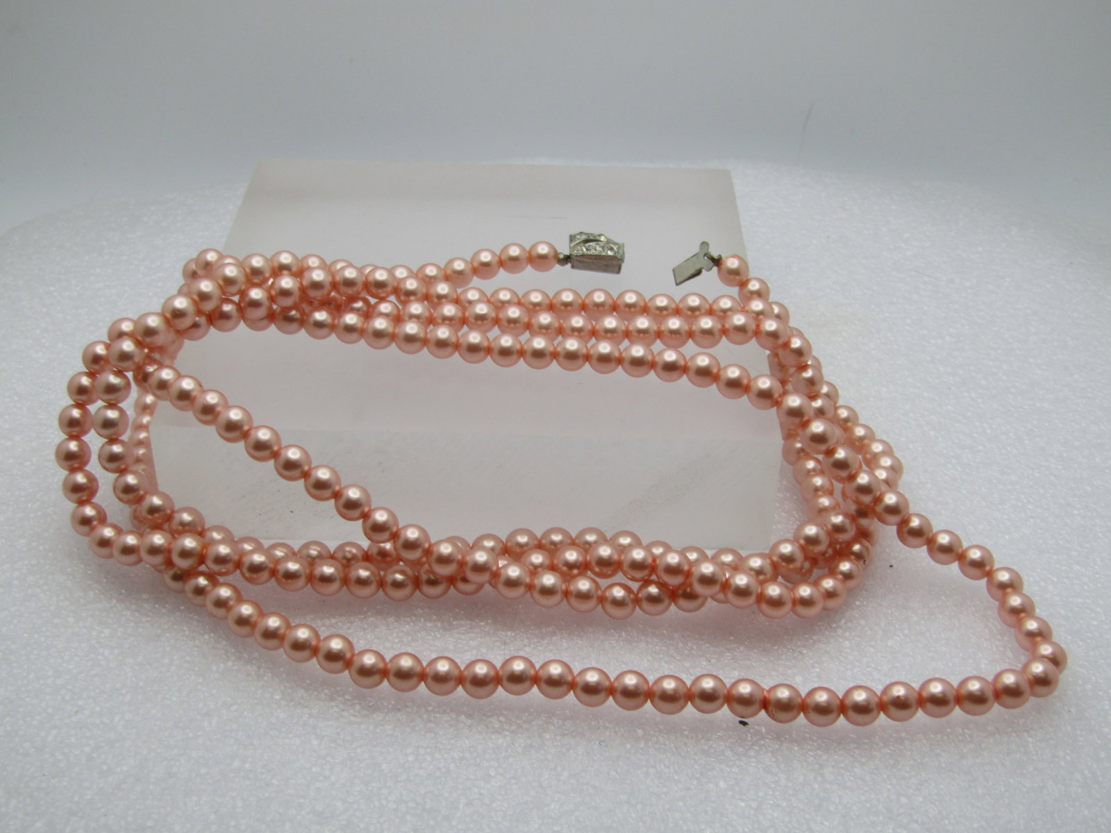 Vintage Faux Pink Pearl Necklace, 54", Rhinestone Clasp, 1960's - 3