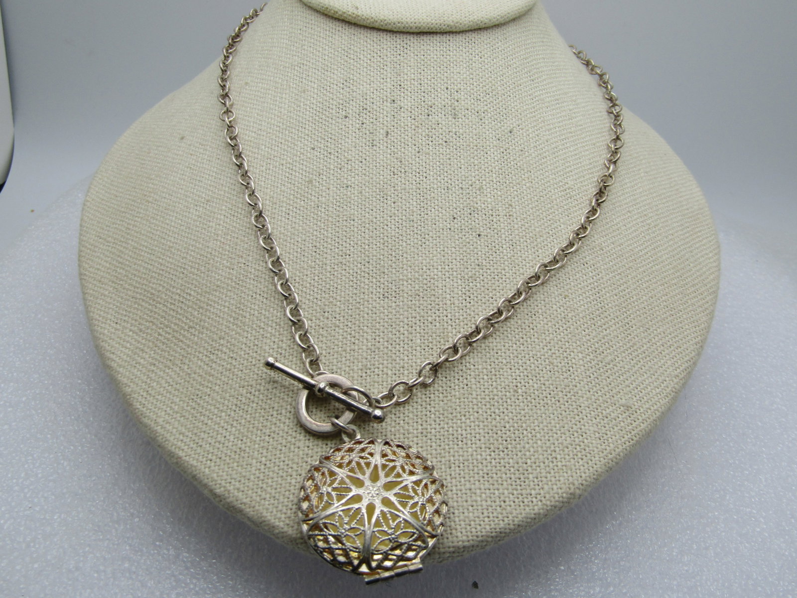 Vintage Locket Necklace, 18", Toggle Clasp, 1980's-1990's: Title: Vintage Locket Necklace, 18", Toggle Clasp, 1980's-1990's Description: Vintage Filigree Locket Necklace, 18", Toggle Clasp, 1980's-1990's. Marked .925. The locket is marked .925 on the back but