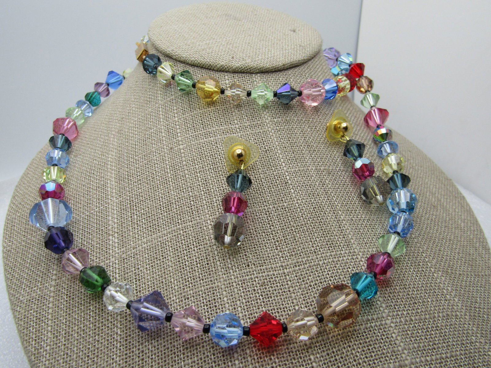 Vintage Multi-Colored Crystal Necklace, Bracelet, Earrings Set, Pierced, 1990's - 2