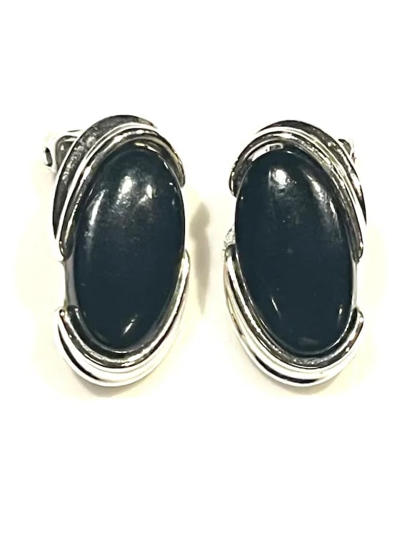 Vintage Black Thermoset Moonglow Lucite Silver Clip Earrings - 2