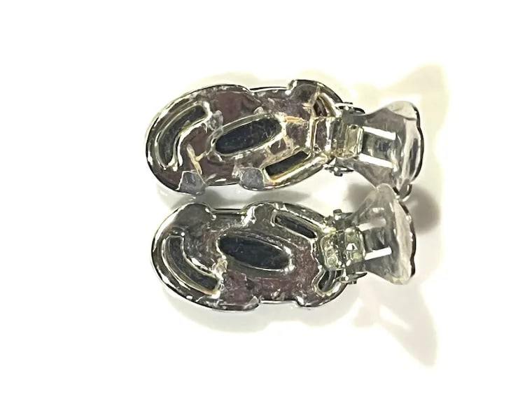 Vintage Black Thermoset Moonglow Lucite Silver Clip Earrings - 3