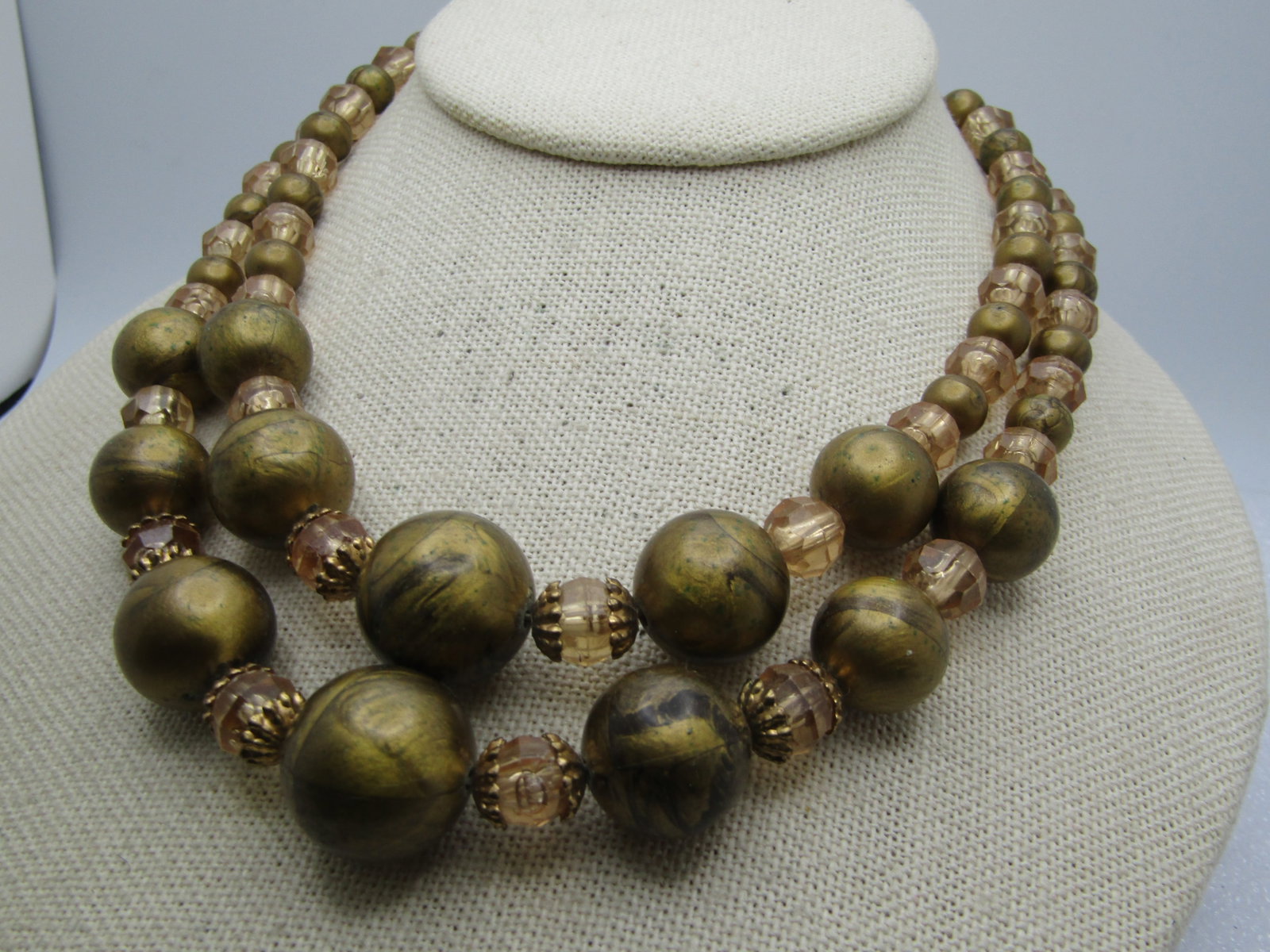 Vintage Gold/Black/Blush Beaded Necklace Double Strand, Mid-Century, 17" - 2