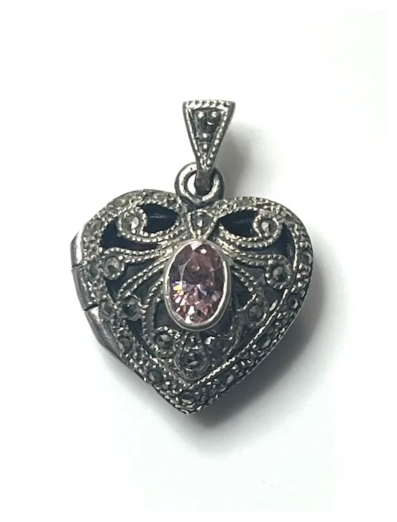Vintage Sterling Silver Marcasite Heart Locket with Pink Oval Stone - 2