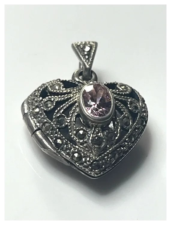 Vintage Sterling Silver Marcasite Heart Locket with Pink Oval Stone - 3