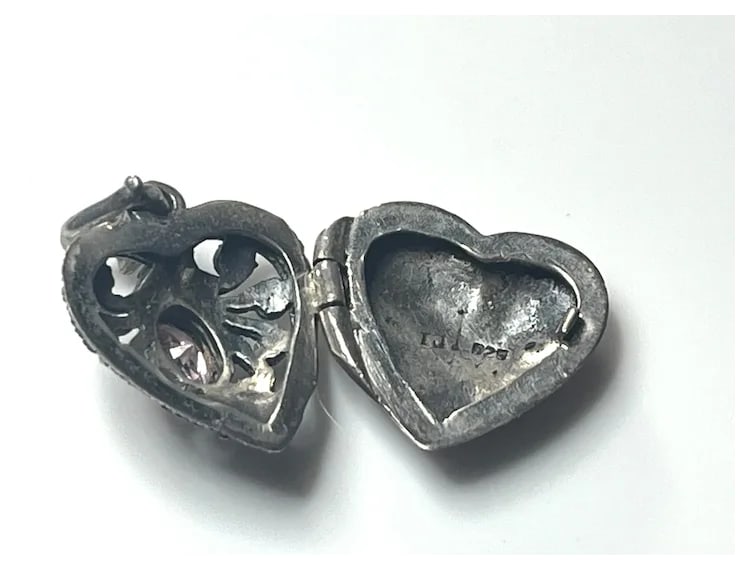 Vintage Sterling Silver Marcasite Heart Locket with Pink Oval Stone - 4