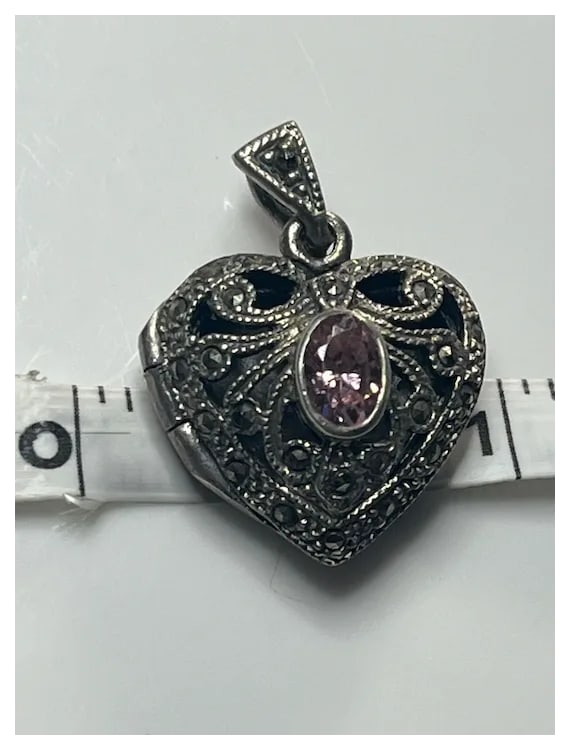 Vintage Sterling Silver Marcasite Heart Locket with Pink Oval Stone - 6