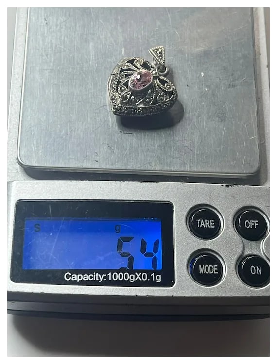 Vintage Sterling Silver Marcasite Heart Locket with Pink Oval Stone - 7