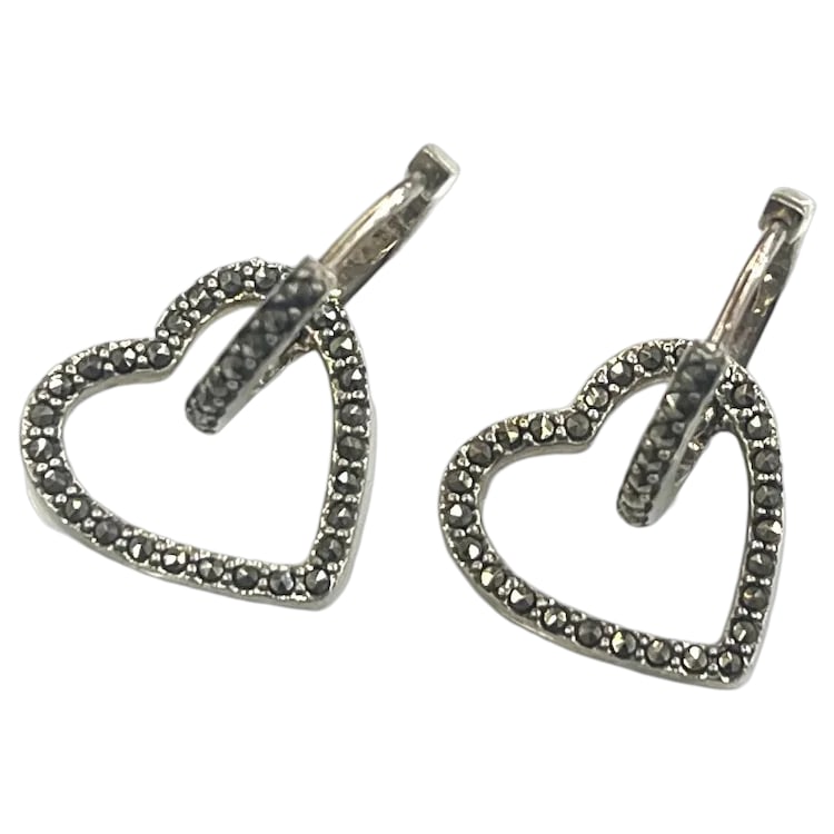 Estate Sterling Silver Marcasite Heart Hoop Earrings (1 of 5)